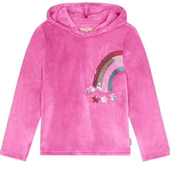 BCBGirls Other - BCBG Girl Pink Fur Fleece Rainbow Sequin Hooded Sweatshirt Medium 10/12 Cozy